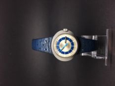 Ladies Dynamic Omega Watch. The case is stainless steel. The blue leather strap and Buckle are