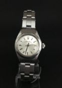 Ladies' Rolex Oyster Perpetual, silvered dial with baton hour markers, stainless steel case and