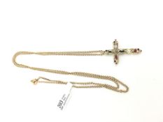 Multi gem set cross and chain, rubies and sapphire set cross, 2.8x2cm, 58cm curb chain, all tested
