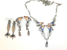 Silver and enamel Art Nouveau style necklace and two pairs of matching earrings