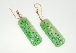Pair of carved jade drop earrings, yellow metal ear hook, jade measures approximately 4 x 1.5cm