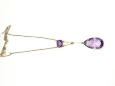 Amethyst drop pendant, briolette cut amethyst 21x12mm, suspended from gold bar link and a further