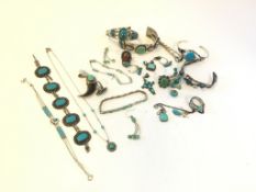 Bag of mostly turquoise set jewellery including rings and bangle, gross weight approximately 252
