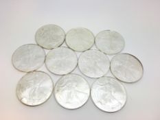 Ten silver American One Dollar coins, various dates, gross weight approximately 10oz/313.5 grams