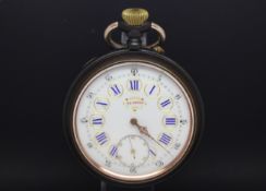 Rare - La Perle gunmetal pocket watch, white gloss dial with blue and gilt enamel Roman numerals,