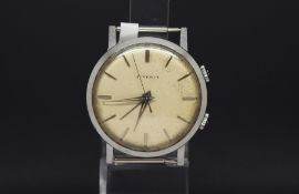 Gentlemen's vintage Juvenia alarm watch, circular dial with baton hour markers, stainless steel 34mm