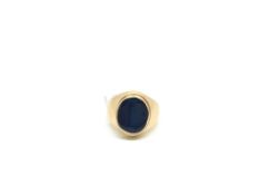 Blue stone signet ring, 12x10mm blue stone ring, set in yellow metal with continental marks, ring