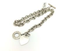 Tiffany & Co silver necklace, disc and bar clasp, hallmarked heart charm, approximately 42cm