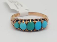 Victorian five stone turquoise ring, five oval cut turquoise, claw set in rose metal stamped 18ct,