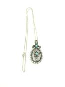 Silver faux pearl, turquoise and marcasite pendant