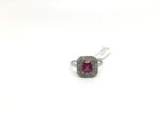 Art Deco ruby and diamond ring, square cut ruby measuring 5.5mm, double row of diamonds, all mounted