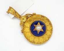 Victorian enamel and pearl mourning pendant, central 4.7mm pearl, set in yellow metal star in a blue