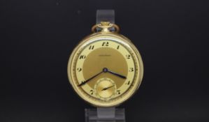 Deco Movado 14ct open faced pocket watch, circular gilt dial with Arabic numerals, subsidiary