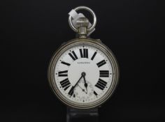 Longines open faced railway pocket watch, white dial with large Roman numerals, subsidiary seconds