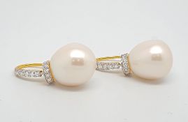 Pearl and diamond drop earrings, 11.8mm cultured pearls, with a circular crown of diamonds