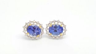 Tanzanite and diamond cluster earrings, oval cut tanzanite weighing an estimated 1.95cts each,