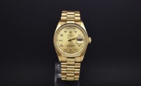 Gentlemen's 18ct Rolex Oyster Perpetual Day-Date, champagne diamond set dial, outer minute track,