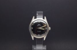 A GENTLEMEN'S W10 MILITARY HMT STAINLESS STEEL WRIST WATCH, black dial with luminous markers and