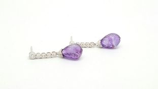 Amethyst and diamond drop earrings, briolette cut amethyst weighing an estimated total of 11.