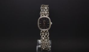 Ladies silver cased Omega De Ville, black cushion shaped dial, 22mm silver case, inner case back