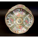19thC Chinese Canton Famille Rose scallop shaped dishes with panels of courtier and flowers with
