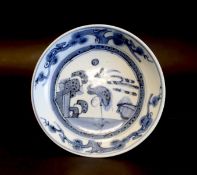 19thC Chinese saucer dish with blue and white decoration of Crane standing in water, various