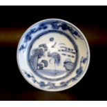19thC Chinese saucer dish with blue and white decoration of Crane standing in water, various