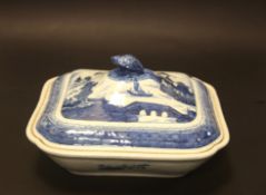 Chinese circa 19th century Nanking Blue And White Tureen And Cover Painted With Lake Landscapes With