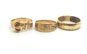3 18ct Gold Bands. One in a buckle design and one with text: MIZPAH. All Hallmarked. 12g
