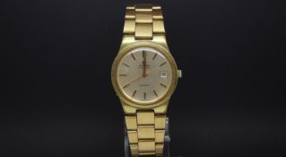 Omega Geneve automatic, circular dial, baton hour markers, date aperture, 35mm gold plated case,