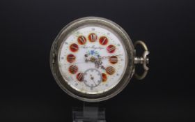 Continental silver cased pocketwatch, enamel detail dial, subsidiary seconds dial embossed train