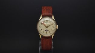 Vintage Swiss Day/Date/Moon phase wristwatch, circular dial with Aabic numeral hour markers, outer
