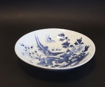 19th century Chinese blue and white shallow dish of bird amongst flowers and shrubs, square
