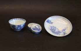 Blue and white porcelain teabowls and saucers, 18th century, painted with pine and island pavilions,