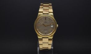 Omega Geneve, circular dial, baton hour markers, date aperture, 35mm gold plated case, inner case