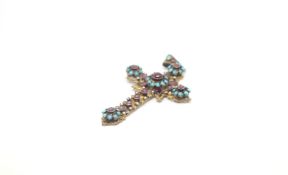 Austro Hungarian Gem set Cross, set with foil backed garnets, turquoise and pearls, central cabochon