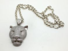 A large Sterling Silver Big Cat necklace set with pave CZ stones. 77.8g