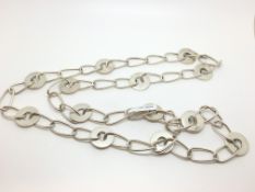 White metal necklace with open links and round disks. 113.9g