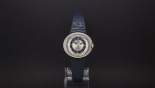 a ladies Omega Dynamic stainless steel wrist watch. The dial is a classic two tone blue dial
