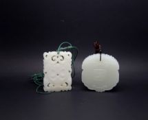 a Chinese carved white jade pendant engraved with two boys, 15cm*5cm, together with a pierced hard