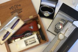 Large selection of various watches, including sekonda and swatch, swiss army watch, pens and other