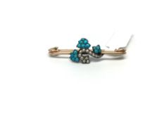 Edwardian turquoise and seed pearl brooch, floral design of seed pearls and turquoise silver set,