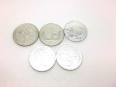 a selection of 5 fine silver Brittannia coins, apporx gross weight 158gr tested as silver