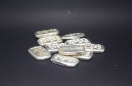 10 x One Troy Oz Stamped 999.9 Bars Marked and Tested as silver, approx gross weight 312gr