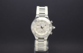 Cartier 21 chronograph, white dial with three subsidary dials, stainlees steel case, white rubber