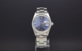 Gentleman's Rolex oyster perpetual Date, blue dial with baton hour markers, polish bezel, 36mm