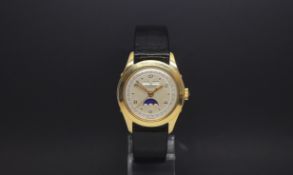 Vintage Juvenia triple calendar moon phase watch, white dial with gold numerals, day/month