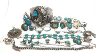 a selection of silver turquoise set jewellery including pendant, bangles, rings etc marked and