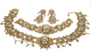 A 19th century Eastern cannetille suite, turquoise, pearl and enamel detail, comprising a pair of