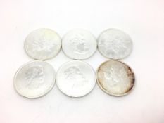 a selection of 6 fine silver canadian maple leaf coins, approx gross weight 190gr tested as silver